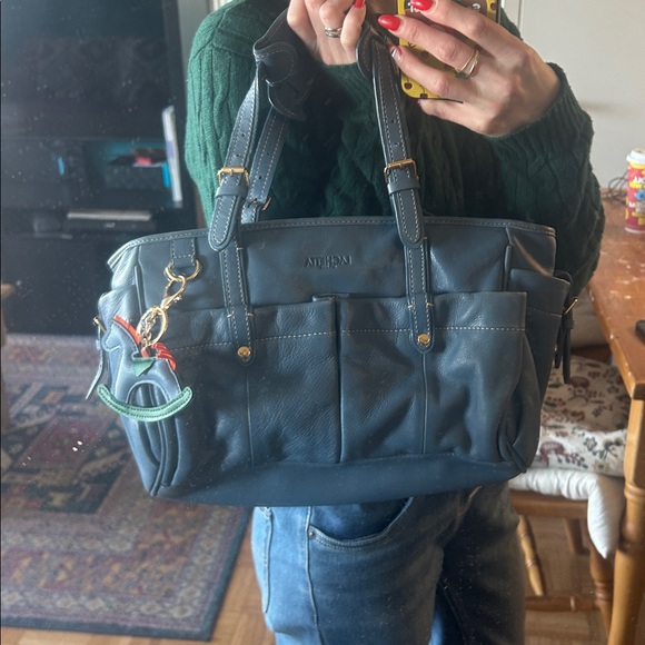 Italian Leather Blue Satchel Soft Pebbled Spring Shoulder Bag w/ Charm & Wallet - Picture 12 of 16